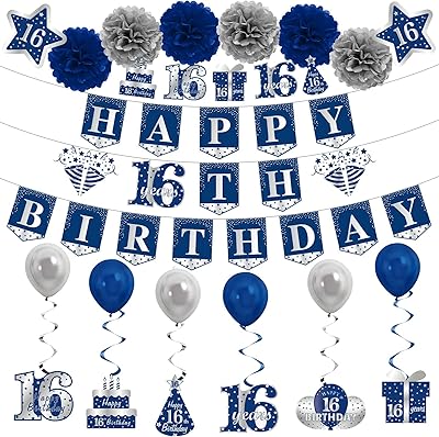 蓝银 16 岁生日横幅装饰套件男孩,26 件十六岁生日横幅派对用品,16 岁